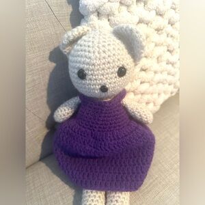HAND CROCHETED LITTLE GIRL TEDDY BEAR WITH PURPLE DRESS ~ 15" TALL ~ BRAND NEW
